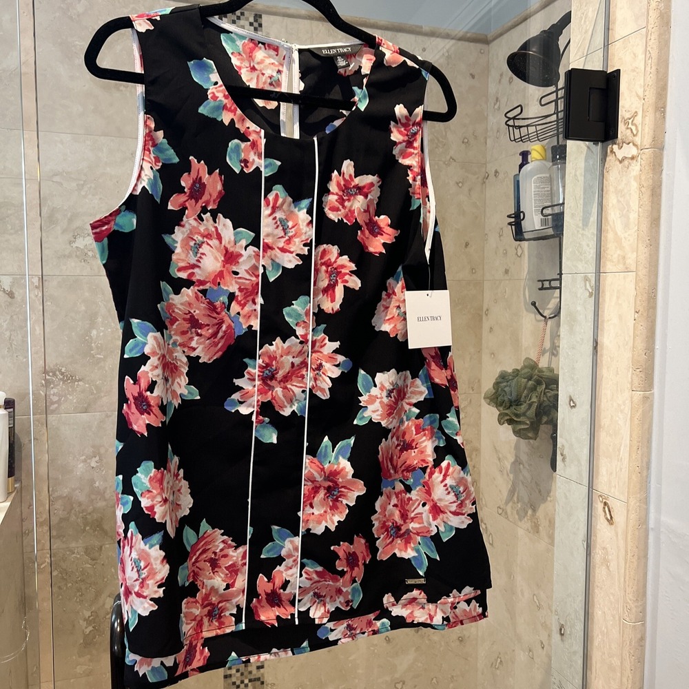 Ellen Tracy Women Floral Sleeveless Crew Neck Blouse Black Pink L EPMS73623